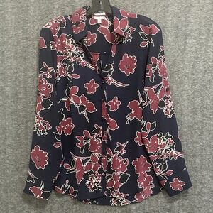 Express The Portofino Shirt Womens Medium Blue Pink Floral Slim Roll‎ Tab Office